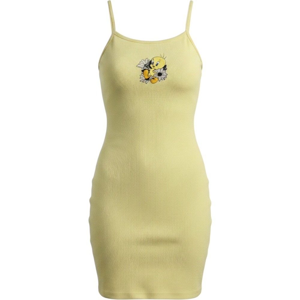 Looney Tunes Tweety Bird Yellow Ribbed Tie Strap Mini Dress Size Medium